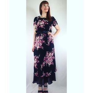 90's Vintage Worthington Black Floral Sheath Bias Cut Maxi Dress